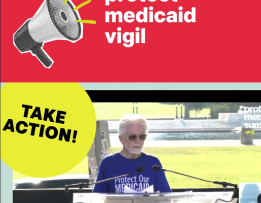 Michael Daeschlein in a purple "Protect our Medicaid" shirt, speaking at the podium of the vigil.