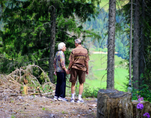 A couple of older adults holding hands by trees.
