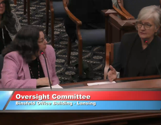 MEJI's Alison , Salli, and Sarah testifying. Text reads "oversight committee. Binsfeld Office Buidling - Lansing. 9:54:10 AM 04/29/26"