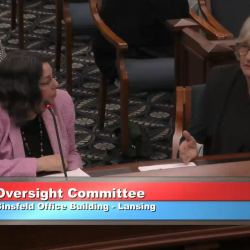 MEJI's Alison , Salli, and Sarah testifying. Text reads "oversight committee. Binsfeld Office Buidling - Lansing. 9:54:10 AM 04/29/26"